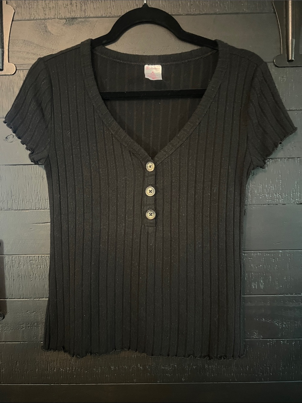 NOBO Black Ribbed Short Sleeve Henley Top with Button Placket